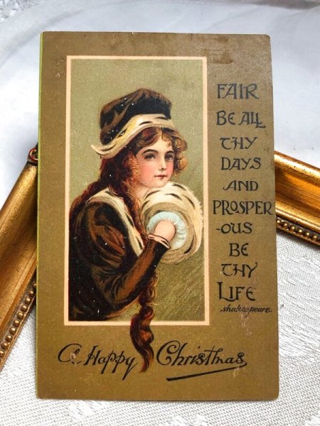 画像2: Postcard  アンティークポストカード クリスマス マフの女の子 1909年 (2)