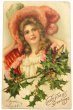 画像1: Postcard  アンティークポストカード　クリスマス　羽帽子の女性　ホーリー　1909年 (1)