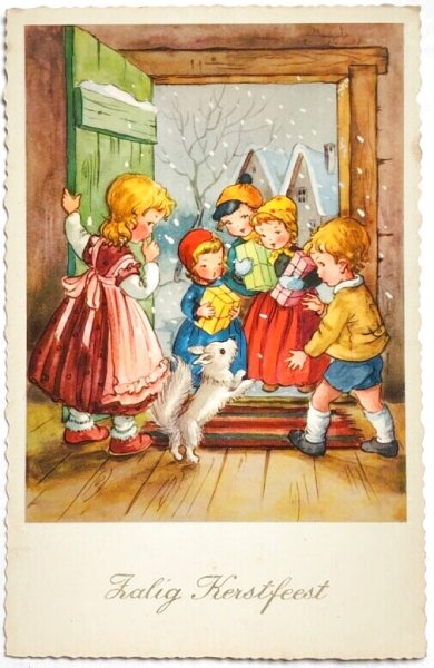 画像1: Postcard  アンティークポストカード　クリスマス　新年祝い　子ども達と白い犬　スピッツ　（未使用） (1)