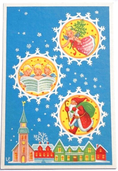 画像1: Postcard  アンティークポストカード（小サイズ）　クリスマス　サンタ　天使　スウェーデン　（未使用） (1)