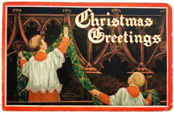 画像1: Postcard  アンティークポストカード　クリスマス　教会のクリスマス飾りをする聖歌隊の男の子たち (1)