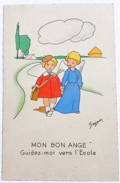 画像1: Postcard  アンティークポストカード　女の子と一緒に歩く天使　Benjamin  （未使用） (1)