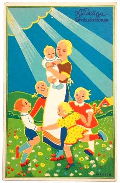 画像1: Postcard  アンティークポストカード　バースデー　お誕生日祝い　輪になって遊ぶ子どもとお母さん　1930年代　スウェーデン　（未使用） (1)