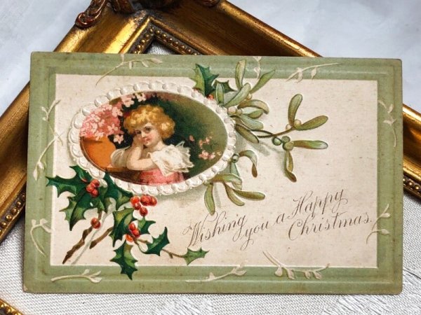 画像2: Postcard  アンティークポストカード クリスマス 女の子 ヤドリギ ホーリー Ellen Clapsaddle  (2)