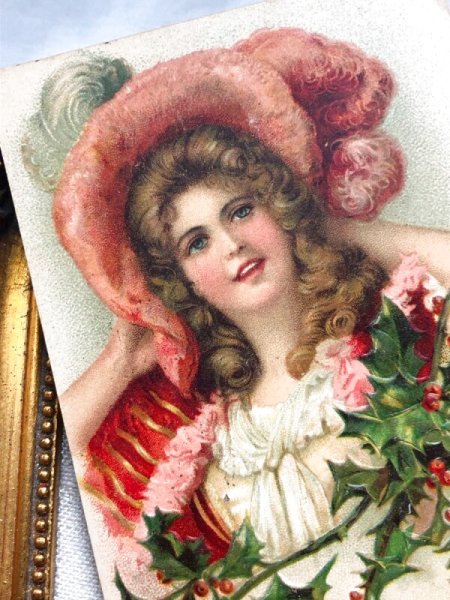 画像3: Postcard  アンティークポストカード クリスマス 羽帽子の女性 ホーリー 1909年 (3)