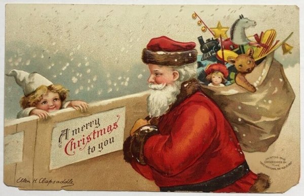 画像1: Postcard　アンティークポストカード　クリスマス　サンタさんと女の子　Ellen Clapsaddle　 (1)