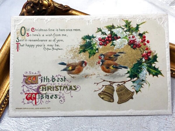 画像2: Postcard   アンティークポストカード クリスマス 小鳥 フィンチとベル ホーリー 1911年 (2)