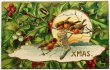 画像1: Postcard  　アンティークポストカード　クリスマス　ロビンとホーリー　クリスマスストッキング　靴下　ヤドリギ (1)