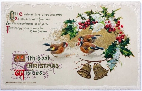 画像1: Postcard  　アンティークポストカード　クリスマス　小鳥　フィンチとベル　ホーリー　1911年 (1)