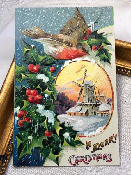 画像2: Postcard   アンティークポストカード クリスマス 小鳥とホーリー 風車小屋 (2)