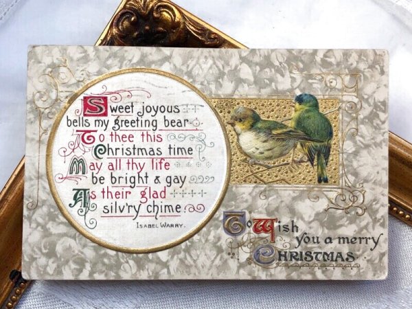 画像2: Postcard   アンティークポストカード クリスマス 小鳥 アオガラ シルク貼り (2)