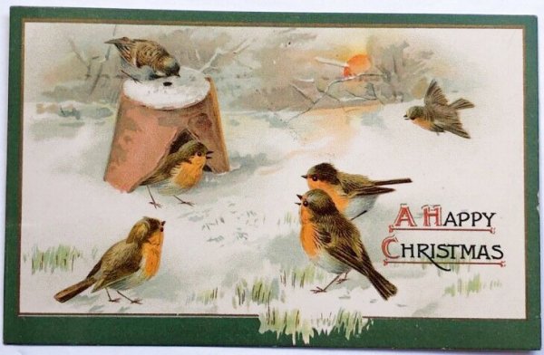 画像1: Postcard  　アンティークポストカード　クリスマス　小鳥　ロビンと植木鉢 (1)