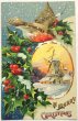 画像1: Postcard  　アンティークポストカード　クリスマス　小鳥とホーリー　風車小屋 (1)