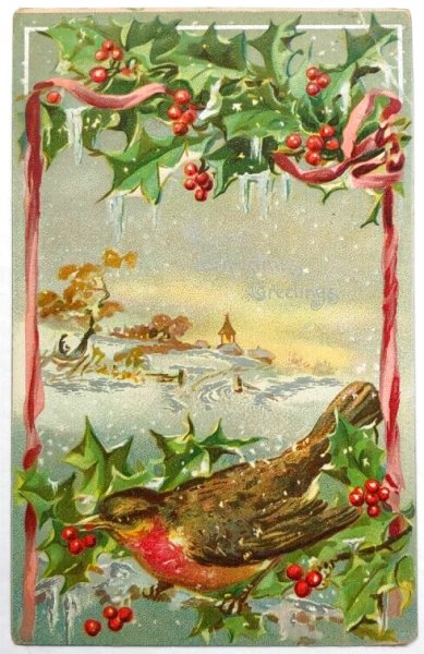 画像1: Postcard  　アンティークポストカード　クリスマス　ロビンとホーリー (1)