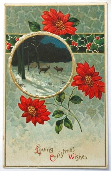 画像1: Postcard  アンティークポストカード　クリスマス　Xmas　ポインセチア　鹿　poinsettia (1)