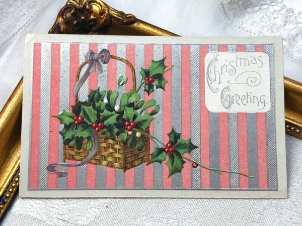 画像2: Postcard  アンティークポストカード　クリスマス　Xmas　ヤドリギとホーリーのバスケット　パニエ (2)