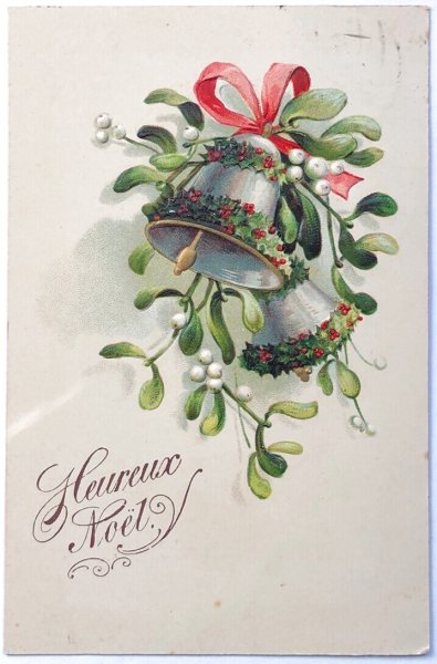画像1: Postcard  アンティークポストカード　クリスマス　Xmas　ヤドリギと銀の鈴　宿り木　スイス1909年 (1)