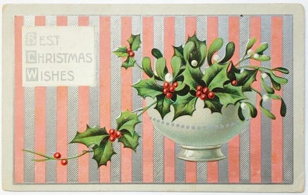 画像1: Postcard  アンティークポストカード　クリスマス　Xmas　ヤドリギとホーリーのボウル (1)
