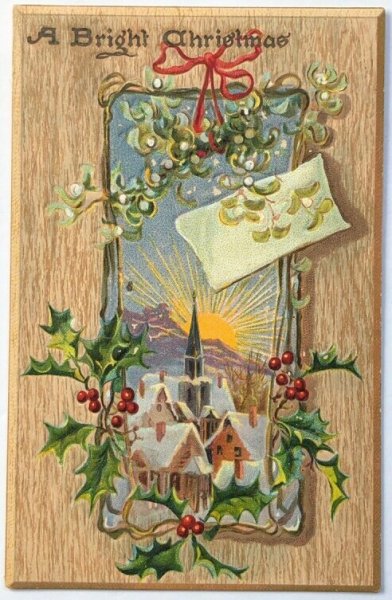 画像1: Postcard  アンティークポストカード　クリスマス　Xmas　ヤドリギとホーリー　雪景色 (1)