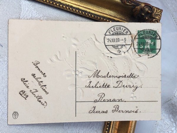 画像3: Postcard  アンティークポストカード　クリスマス　Xmas　ヤドリギと銀の鈴　宿り木　スイス1909年 (3)