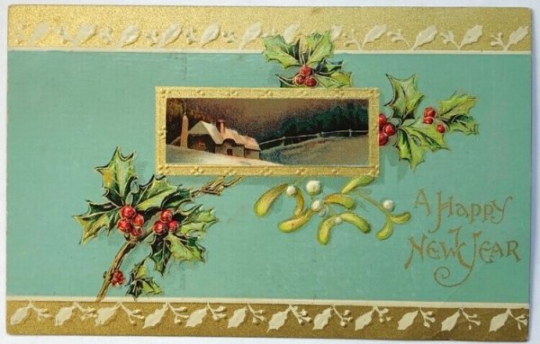 画像1: Postcard  アンティークポストカード　クリスマス　Xmas　ヤドリギとホーリー　雪景色 (1)
