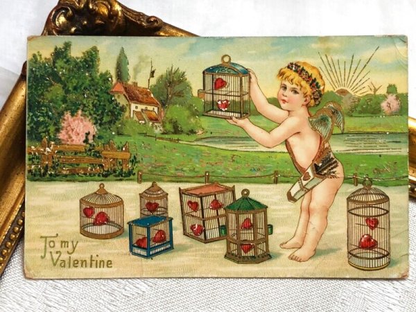 画像2: Postcard アンティークポストカード バレンタイン 天使と鳥かごの中のハート 1912年 (2)