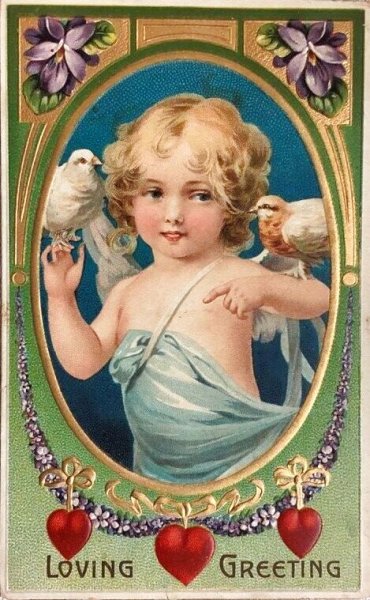 画像1: Postcard　アンティークポストカード　バレンタイン　天使と鳩　アメリカ1911年 (1)