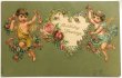 画像1: Postcard  アンティークポストカード　バレンタイン　天使とハートの花リース　薔薇と忘れな草 (1)