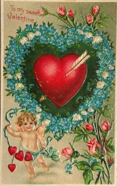 画像1: Postcard　アンティークポストカード　バレンタイン　天使と忘れな草のお花のリース　ハート (1)