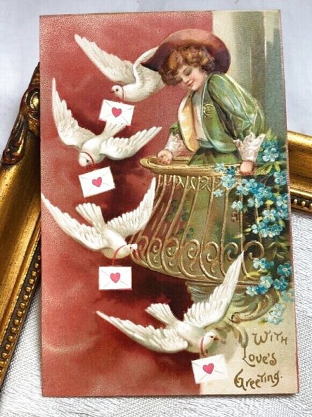画像2: Postcard アンティークポストカード バレンタイン バルコニーから愛のメッセージを送る男の子 Ellen Clapsaddle 1906年 (2)
