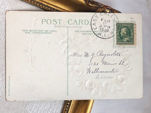 画像4: Postcard  アンティークポストカード　バレンタイン　ボンネット帽子の女の子　薔薇のお花　F.Brundage (4)