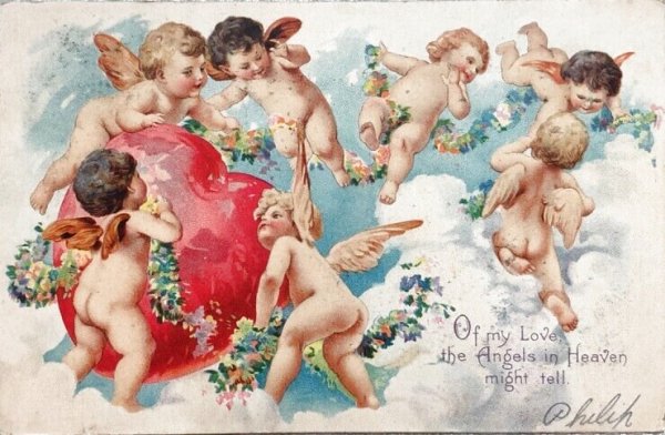 画像1: Postcard　アンティークポストカード　バレンタイン　大きなハートと天使たち　キューピッド　アメリカ1906年 (1)