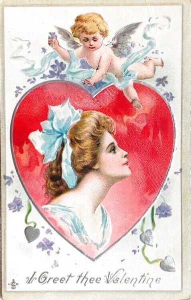 画像1: Postcard　アンティークポストカード　バレンタイン　女性と天使 (1)