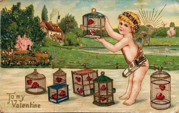 画像1: Postcard　アンティークポストカード　バレンタイン　天使と鳥かごの中のハート　1912年 (1)