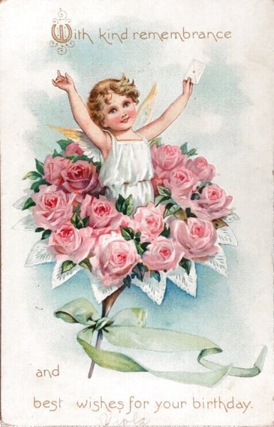 画像1: Postcard　アンティークポストカード　　天使と薔薇のお花　 Ellen Jessie Andrews ? (1)