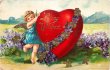 画像1: Postcard　アンティークポストカード　バレンタイン　天使と大きなハートとスミレのお花　 （未使用） (1)