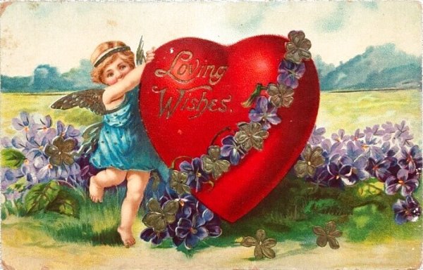 画像1: Postcard　アンティークポストカード　バレンタイン　天使と大きなハートとスミレのお花　 （未使用） (1)