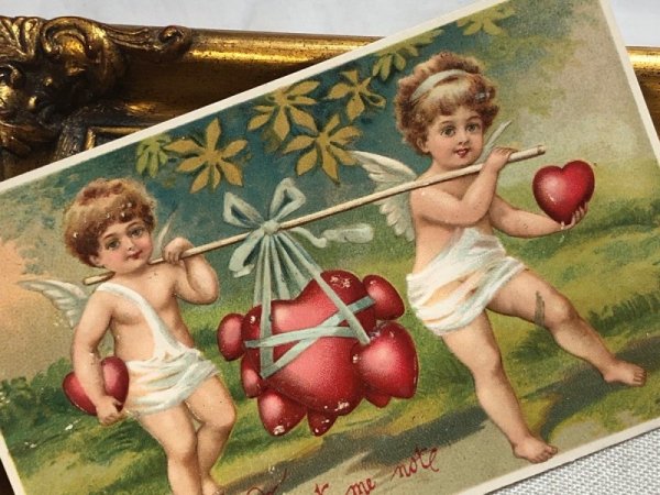 画像3: Postcard アンティークポストカード バレンタイン ハートを運ぶ天使たち (未使用) (3)