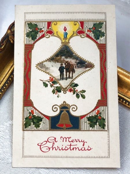 画像2: Postcard  アンティークポストカード クリスマス Xmas ホーリーとベル 馬 ブックレット 仕掛けあり  (2)