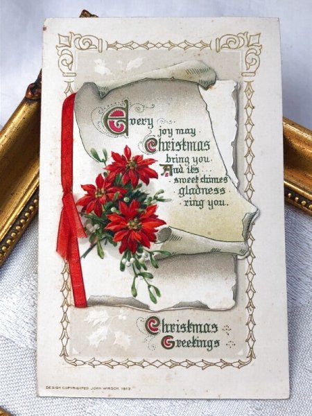 画像2: Postcard  アンティークポストカード クリスマス ポインセチア ヤドリギ リボン ブックレット 仕掛けあり (2)