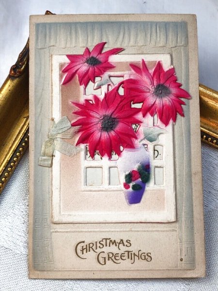 画像2: Postcard  アンティークポストカード クリスマス Xmas 窓際のポインセチア ブックレット 仕掛けあり (2)