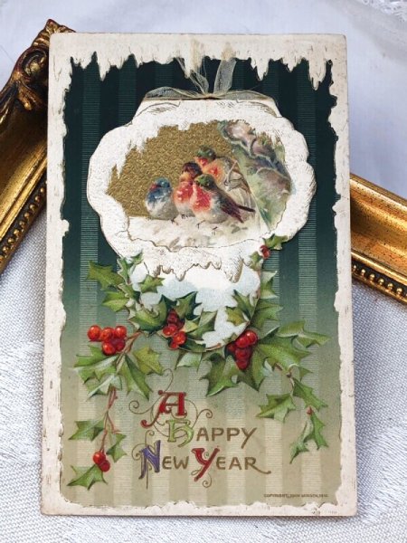 画像2: Postcard  アンティークポストカード クリスマス Xmas ロビン 小鳥とホーリー ブックレット 仕掛けあり  (2)