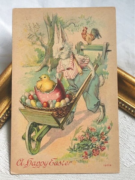 画像2: Postcard アンティークポストカード イースター   ヒヨコと卵を運ぶウサギさん 1912年 (2)