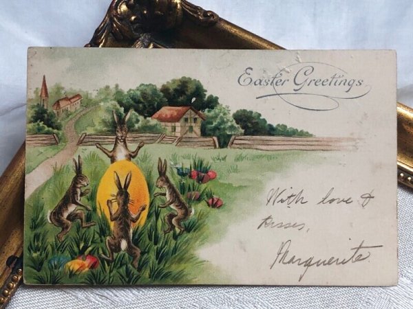 画像2: Postcard アンティークポストカード イースター 大きな卵を囲んで踊るウサギさんたち 1905年 (2)