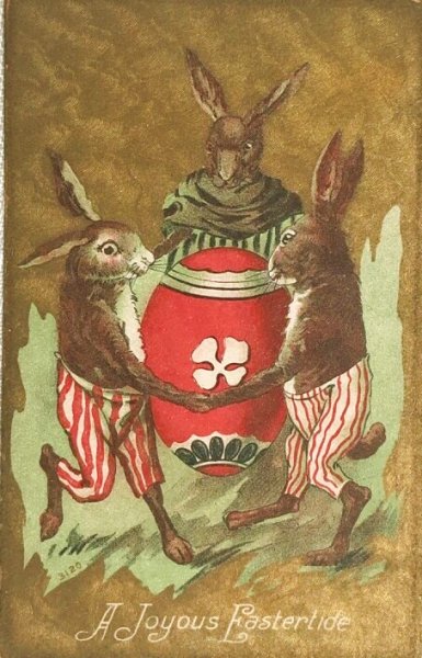 画像1: Postcard　アンティークポストカード　イースター　大きな卵を囲んで踊るウサギさんたち　（未使用） (1)