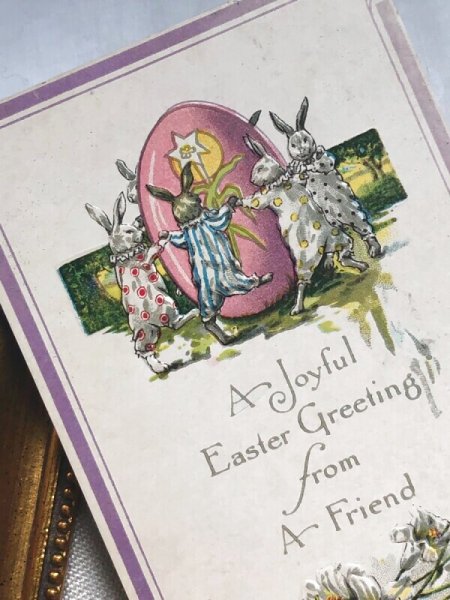 画像3: Postcard アンティークポストカード イースター 大きな卵を囲んで踊るウサギさんたち 1917年 (3)