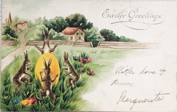 画像1: Postcard　アンティークポストカード　イースター　大きな卵を囲んで踊るウサギさんたち　1905年 (1)