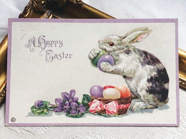 画像2: Postcard アンティークポストカード イースター  卵を持つウサギさん スミレ アメリカ1922年 (2)