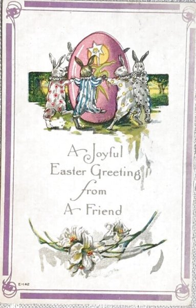 画像1: Postcard　アンティークポストカード　イースター　大きな卵を囲んで踊るウサギさんたち　1917年 (1)
