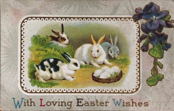 画像1: Postcard　アンティークポストカード　イースター　卵とウサギたち　スミレ　Ellen Clapsaddle (未使用) (1)
